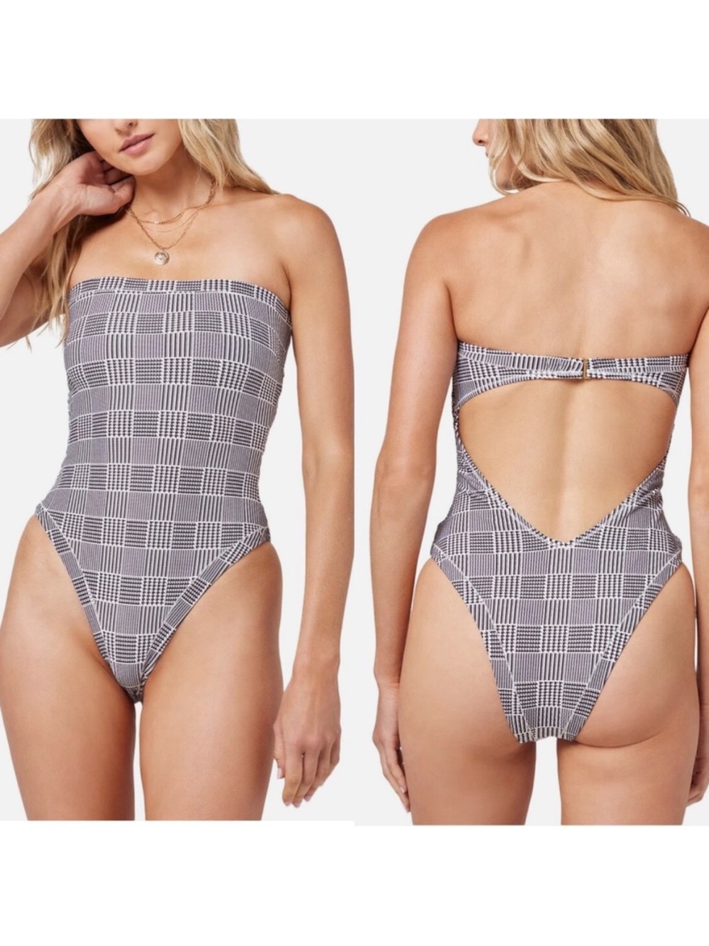 L*Space La Femme One Piece Swimsuit Plaid Houndstooth Black White Bitsy Medium